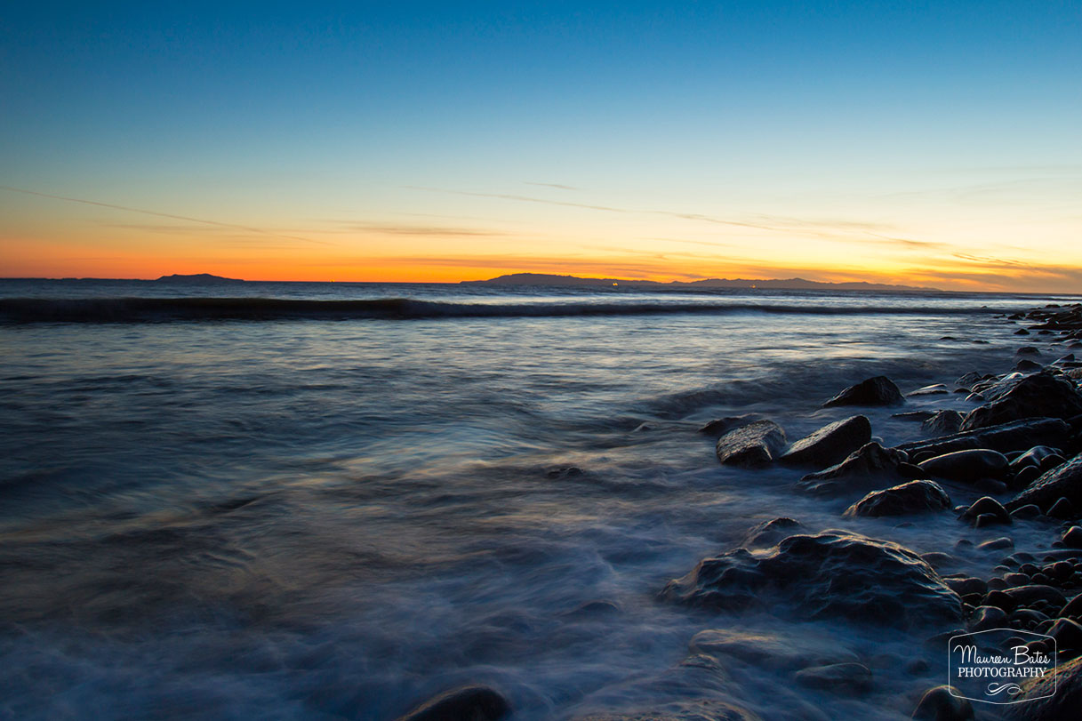 Moody Sea, Maureen Bates Photography, Pacific Ocean, Ventura California, Rocks, Long Exposure, Sunset, Blue, Yellow, White, http://bit.ly/maureen-bates