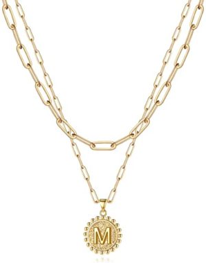 Yoosteel Gold Initial Necklaces for Women Girls, 14K Gold Plated Dainty Layering Paperclip Link Chain Necklace Personalized Coin Initial Layered Gold Necklaces for Women