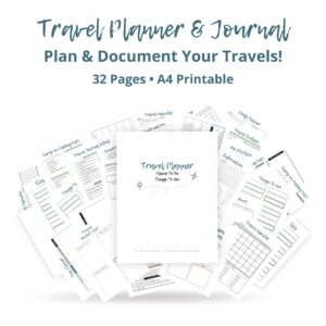Pages of Travel Planner and Journal PDF fanned out to show all pages.