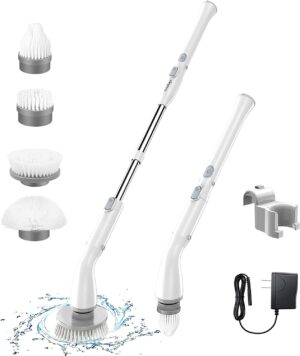 Cordless Spin Scrubber with 4 Replaceable Brush Heads and Adjustable Extension Handle