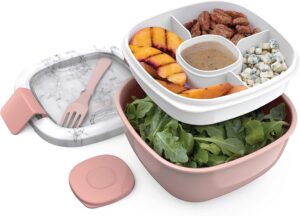 Salad – Stackable Lunch Container with Large 54-oz Salad Bowl, 4-Compartment Bento-Style Tray for Toppings, 3-oz Sauce Container for Dressings, Built-In Reusable Fork & BPA-Free