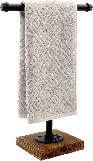 Hand Towel Holder Metal T-Shape Height 17” Black On Wood Block