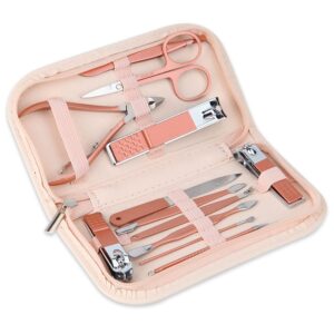 Nail Clippers and Beauty Tool Portable Set, Rose Gold Martensitic Stainless Steel Manicure Set 12 in 1