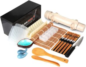 Delamu Sushi Making Kit, 20 in 1 Sushi Bazooka Roller Kit with Chef’s Knife, Bamboo Mats, Bazooka Roller, Rice Mold, Temaki Sushi Mats, Rice Paddle, Rice Spreader, Chopsticks, Sauce Dishes, Guide Book