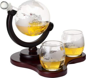 Verolux Whiskey Globe Decanter Set with 2 Etched Glasses