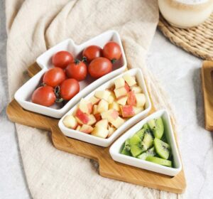 White Christmas Tree Plates Chip & Dip Set, 11 Inches Christmas Ceramic Snack Plate with Bamboo Tray