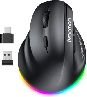 MEETION Left-Handed Mouse, Ergonomic Mouse Wireless Vertical Mouse, RGB Rechargeable Mice for Bluetooth(5.2 + 3.0) & USB-A with Type-c Adapter 4 Adjustable DPI for Mac/Windows/Andriod/PC/Tablet/iPad
