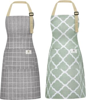 2 Pieces Aprons with Pockets Cotton Linen Waterproof Kitchen Cooking Aprons