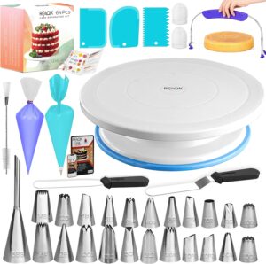 64 Pcs Cake decorating supplies Kit with Cake Turntable-Cake leveler- 24 Numbered Icing Piping Tips with Pattern Chart and EBook- Straight & Angled Spatula-30 Icings Bags- 3 Icing Comb Scraper