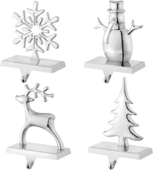 Christmas Stocking Holders for Mantel Set of 4 Reindeer Snowflake Snowman Pine Tree Vintage Metal