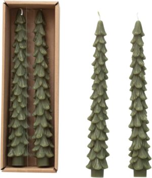 Unscented Tree Shaped Taper Candles, Evergreen, Boxed Set Of 2