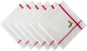 White with Red Border & Embroidered Holly Leaves Napkins