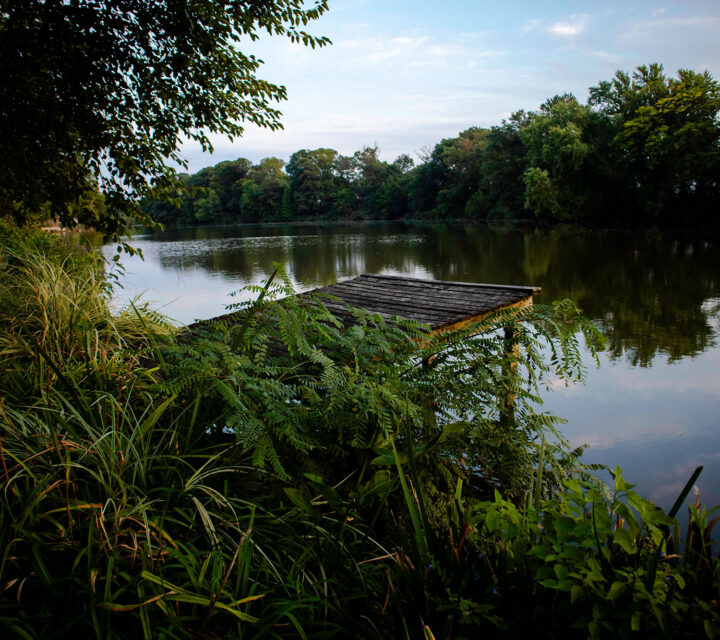 Old wooden dock on river in New Jersey at sunset by Maureen Sarah Photography